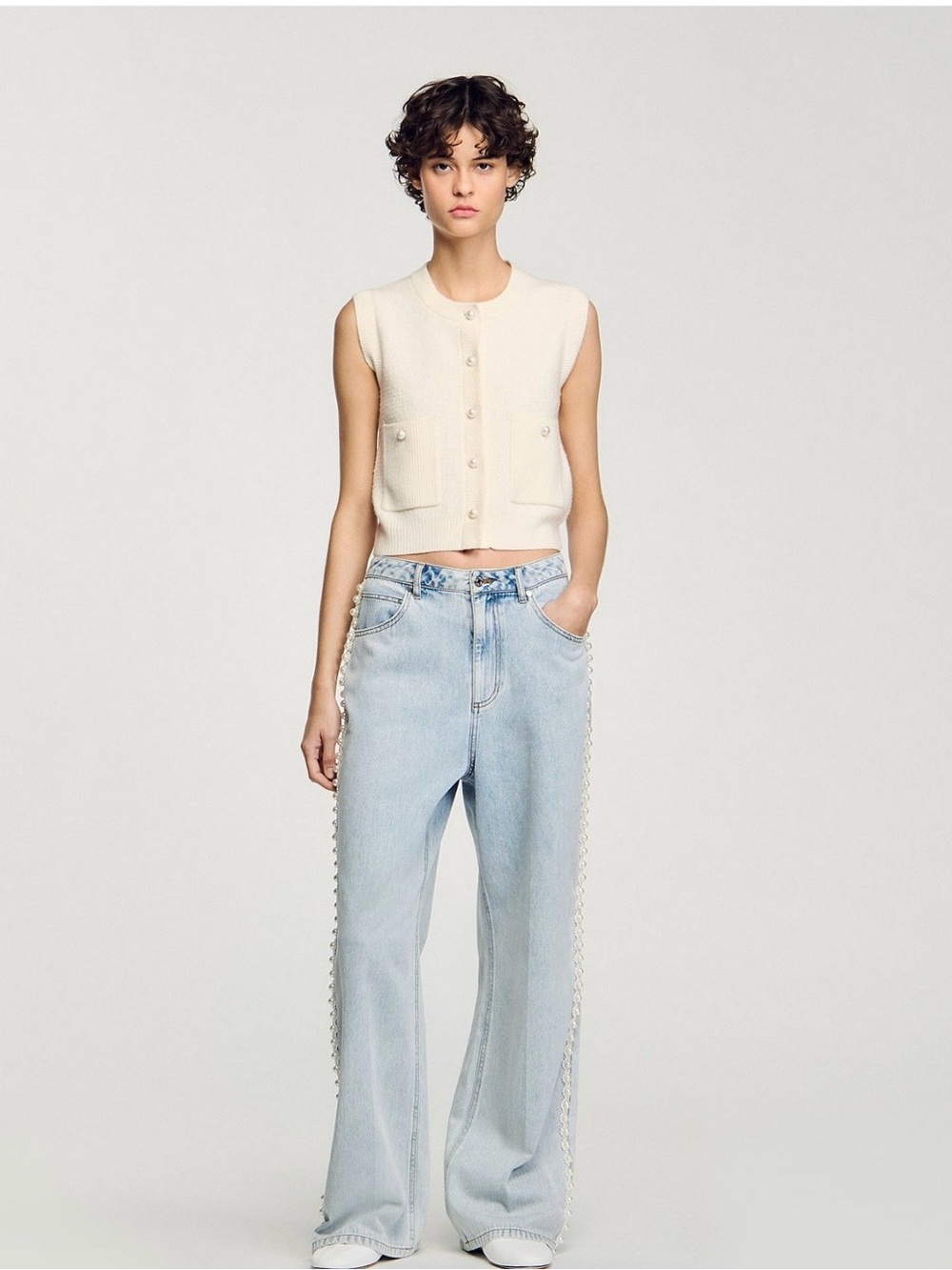 Sandro Cream Cropped Sleeveless Cardigan with Pearl Buttons - Picture 1 of 5
